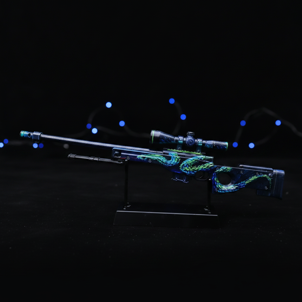 Mini CS2 AWP Atheris replica 1:6 scale zinc alloy collectible, dark studio lighting, size reference photo
