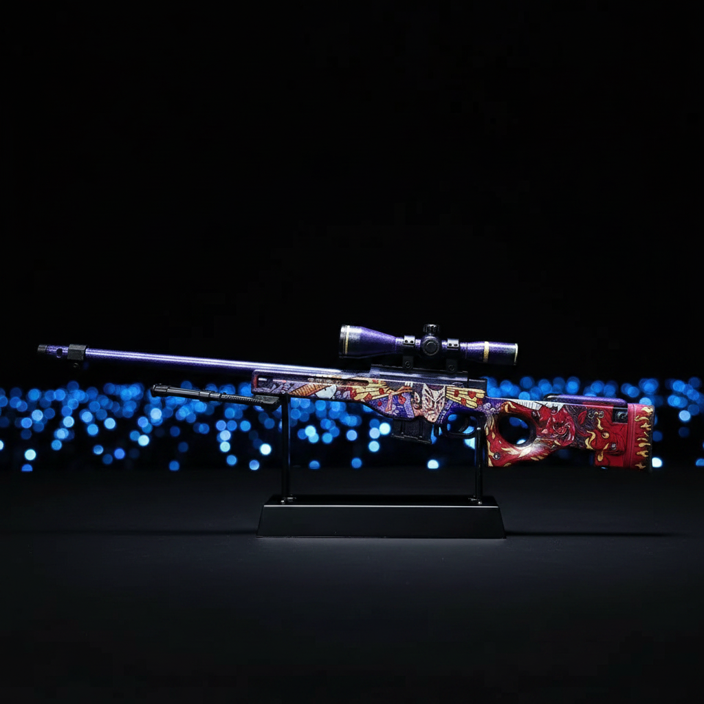 Mini CS2 AWP Oni Taiji replica  1:6 scale zinc alloy collectible, dark studio lighting, size reference photo