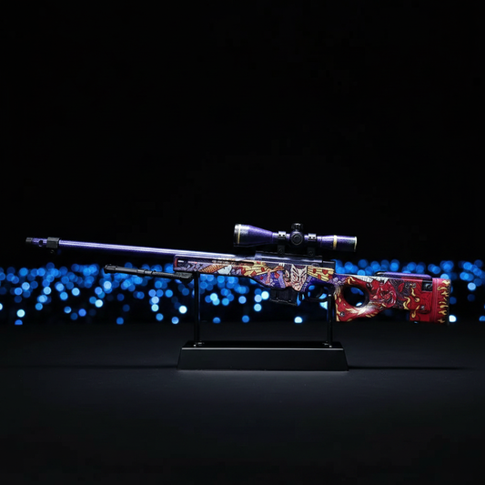 Mini CS2 AWP Oni Taiji replica  1:6 scale zinc alloy collectible, dark studio lighting, size reference photo