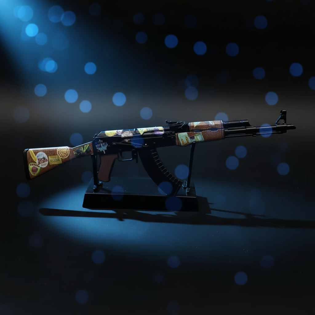 CS2 AK47 Jet Set mini replica on display stand, dark navy base with sticker patches under blue bokeh studio lighting