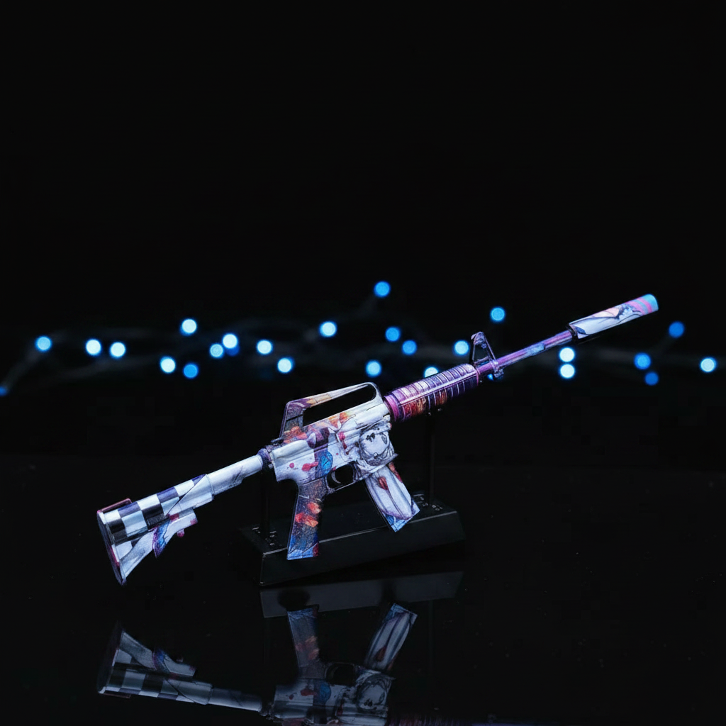 Mini M4A1-S Vaporwave replica size comparison hand shot — CS2 inspired collectible figurine, dark background, full detail view