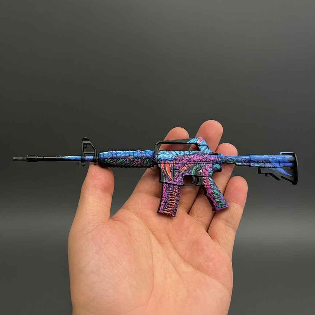 Mini CS2 M4A1-S Hyper Beast replica held in hand — 1:6 scale zinc alloy collectible, dark studio lighting, size reference photo