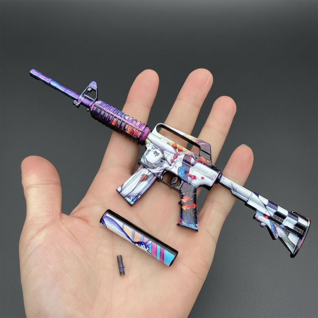 Mini CS2 M4A1-S Vaporwave replica held in hand — 1:6 scale zinc alloy collectible, dark studio lighting, size reference photo