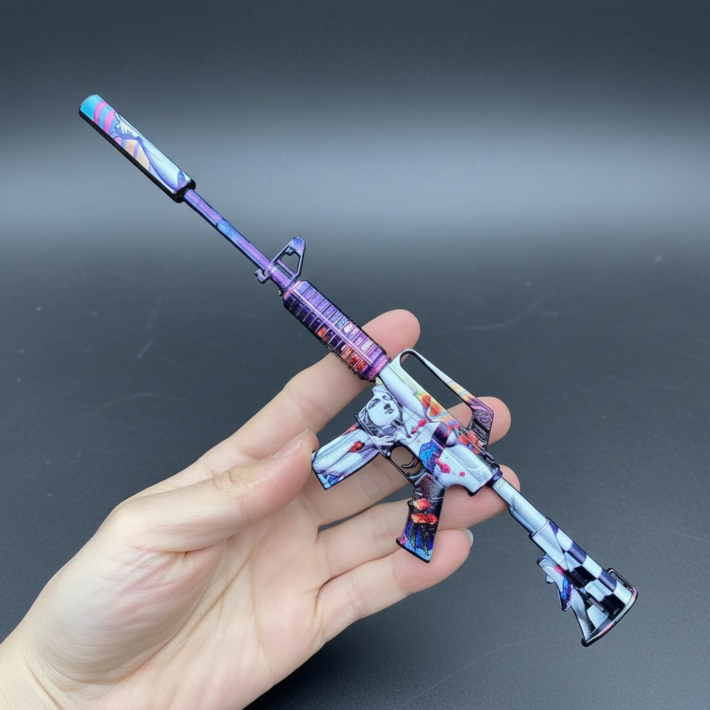 Hand holding Mini M4A1-S Vaporwave CS2 skin replica — small metal collectible desk piece, black background, front angle view