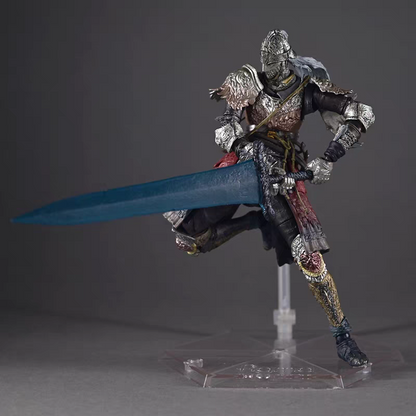 A highly detailed action figure of a Raging Wolf from Elden Ring in metallic silver and black armor with red accents, holding a large blue sword, mounted on a clear plastic display stand against a dark gray studio background.
