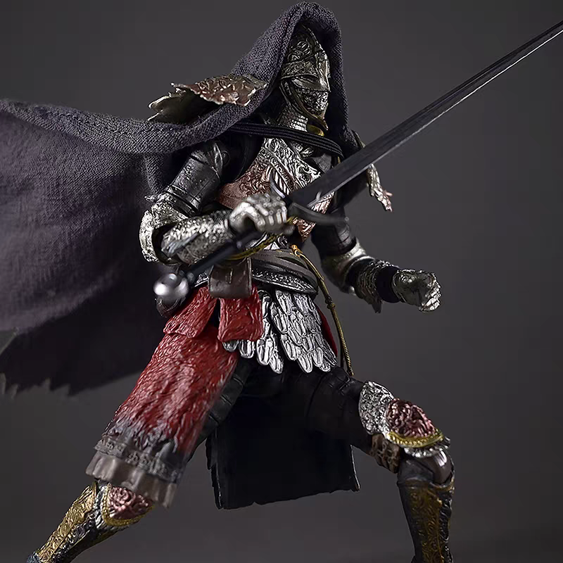 Elden Ring Raging Wolf statue in a combat pose with sword raised, three-quarter action view of the armored Tarnished figure