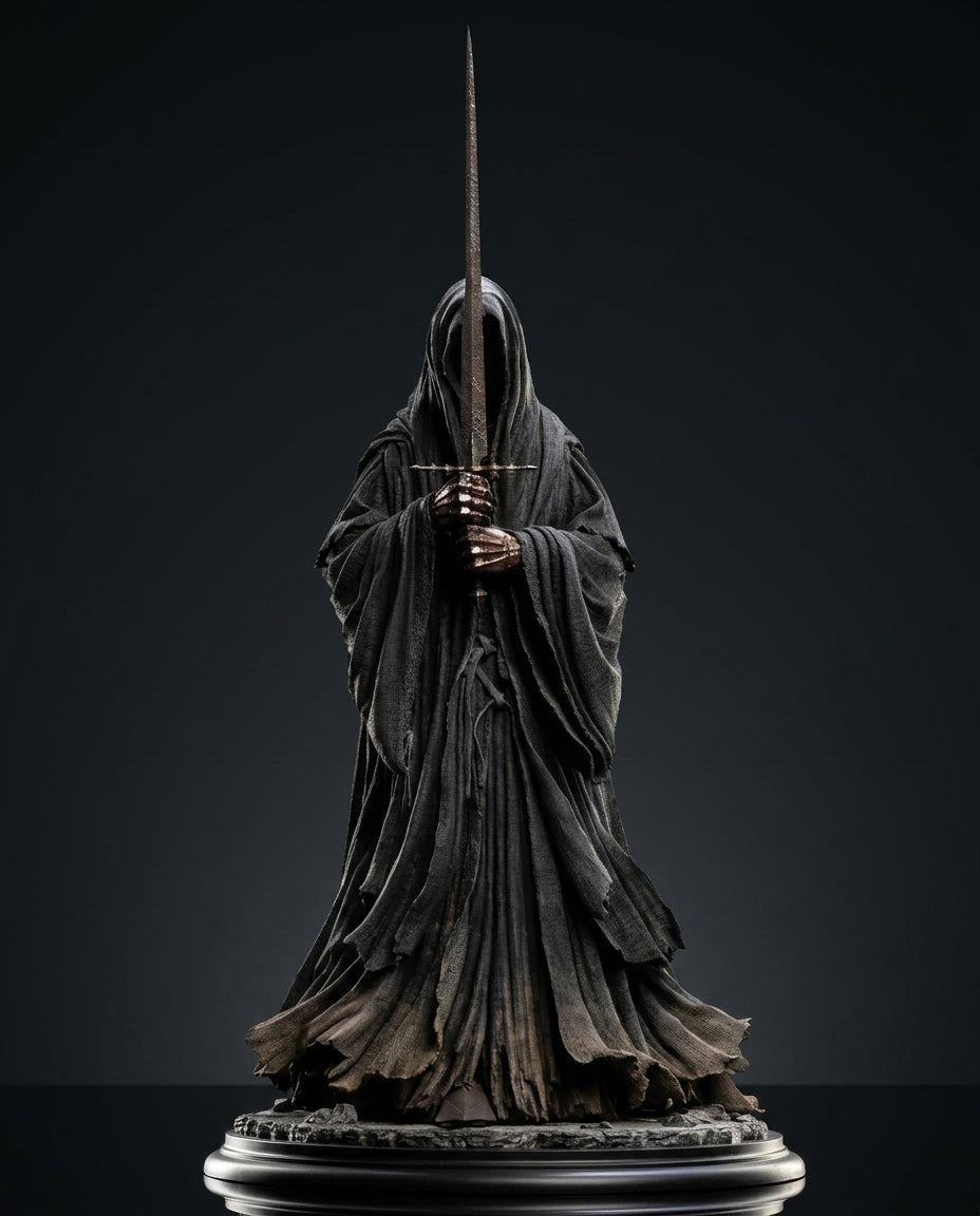 Ringwraith of Mordor figurine side profile holding a drawn sword, flowing hooded robe cast in dark weathered texture against a black background