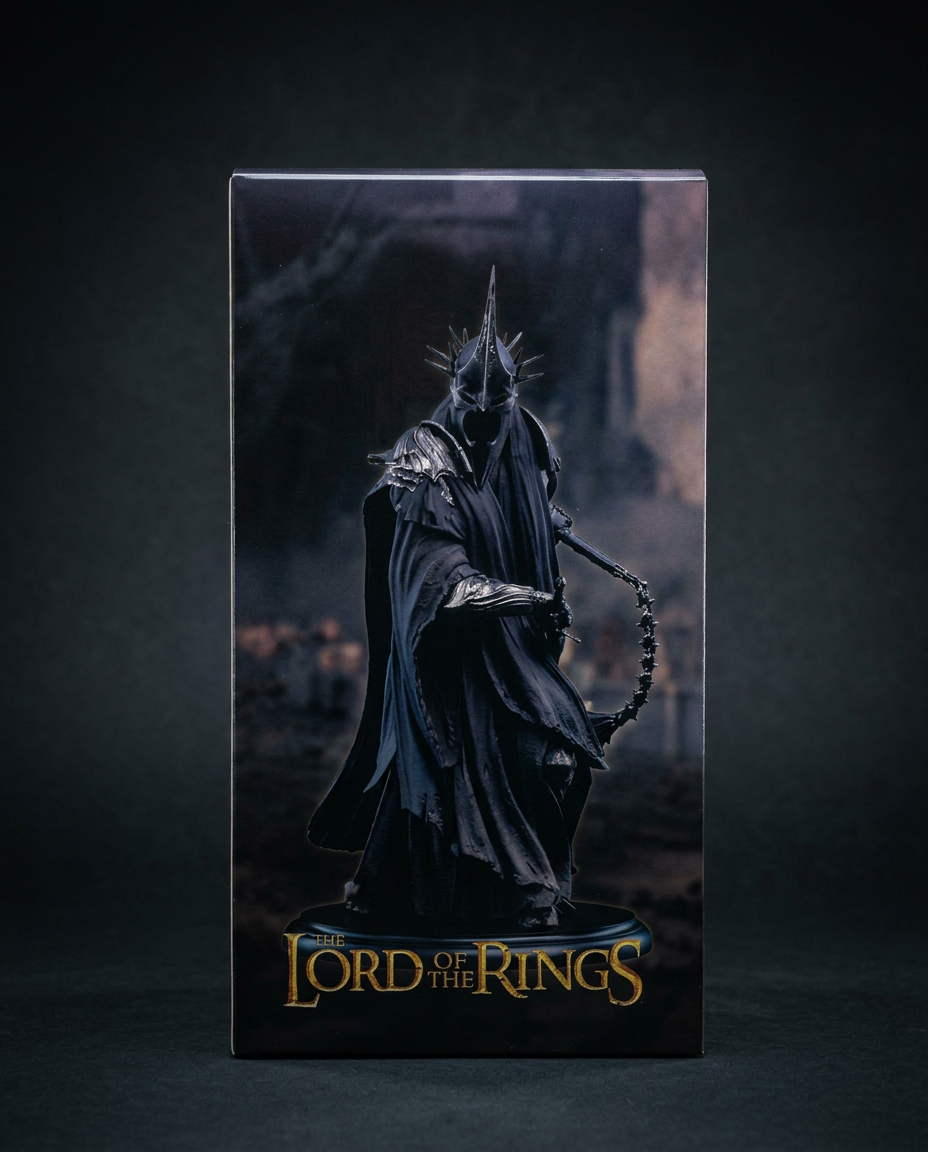 Sauron figurine shown in its retail packaging box featuring cover artwork and branding for collectors