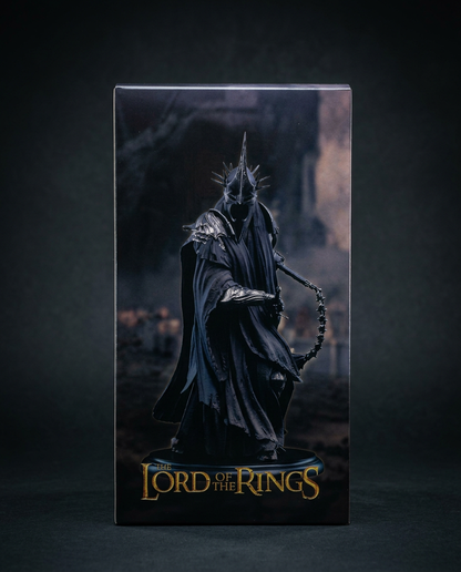 Sauron figurine shown in its retail packaging box featuring cover artwork and branding for collectors