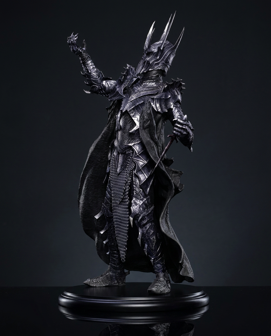 Sauron statue captured with raised clawed hands in a commanding, menacing pose against a dark backdrop