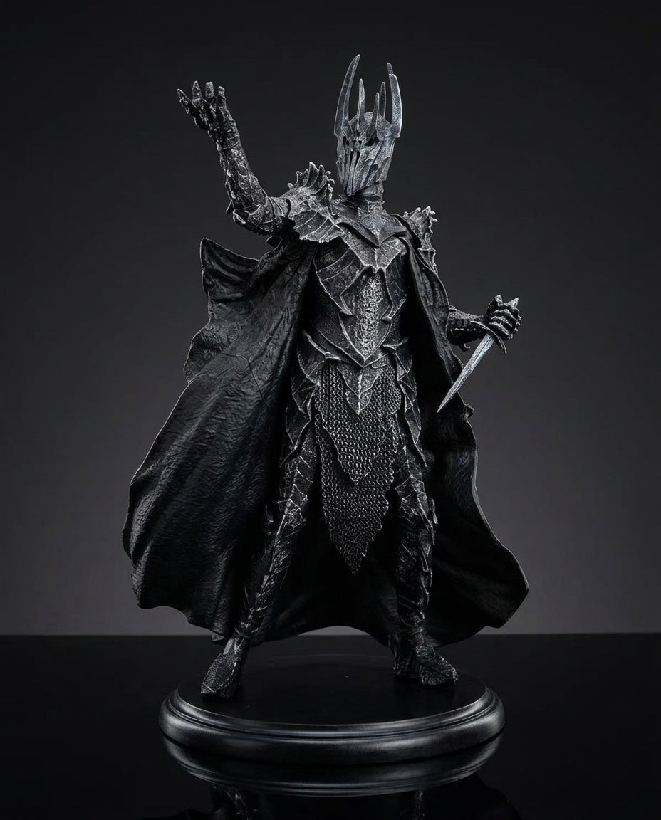 Full front view of the Sauron statue showing the flowing dark cloak and towering armored silhouette