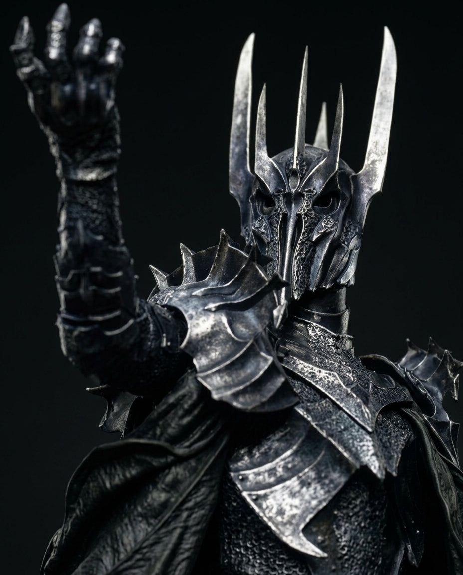A close-up of a Lord Of the Rings character named Sauron, armored character figure with a black textured body, spiked silver helmet, raised clawed hand, and dark cape against a black background.