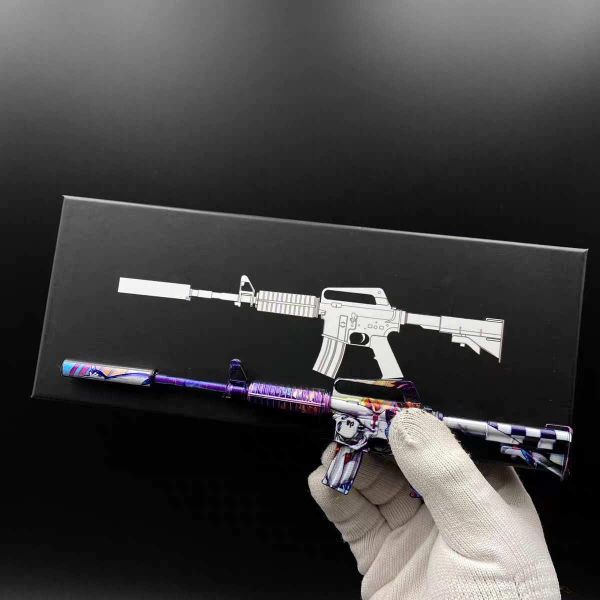CS2 Vaporwave M4A1-S miniature replica in hand — fan made collectible prop, 18.5cm zinc alloy model, studio shot