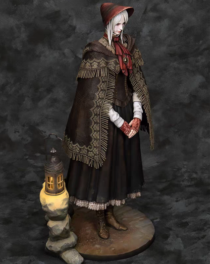 Side profile view of The Doll Bloodborne statue highlighting the cloak silhouette and lantern accessory hanging at her side