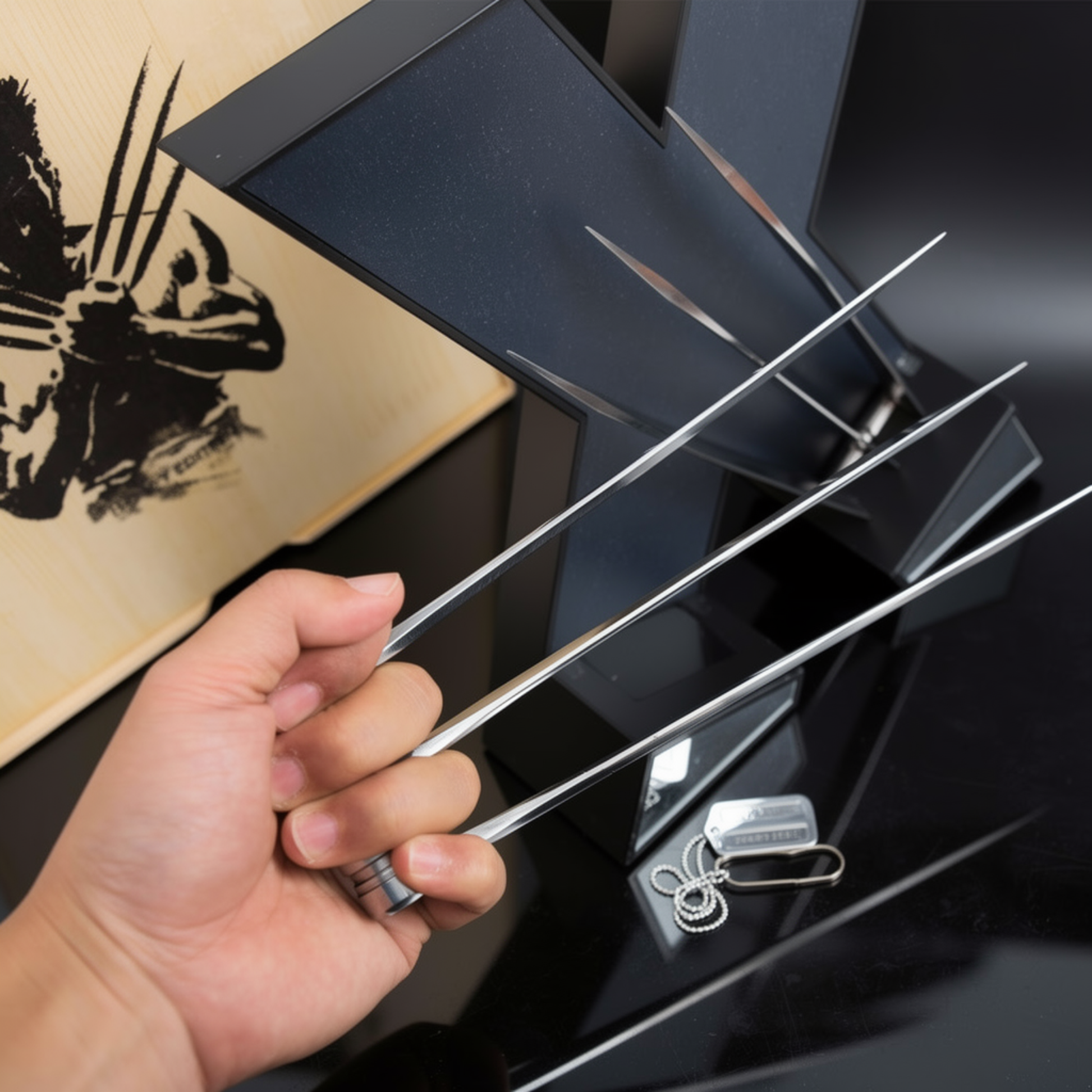 x-men wolverine claws held in hand. metal claw replica movie accurate cosplay for x-men fans